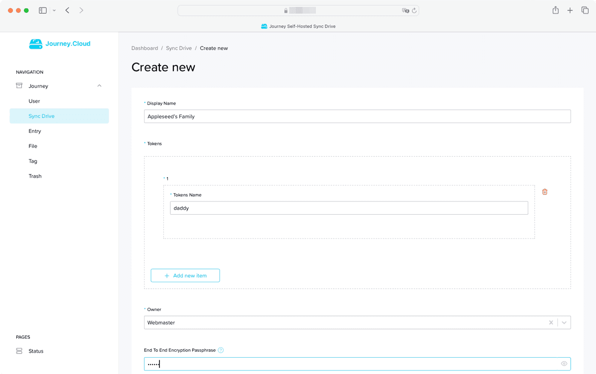 Enter a display name, token name, select an owner and input passphrase for end-to-end encryption.
