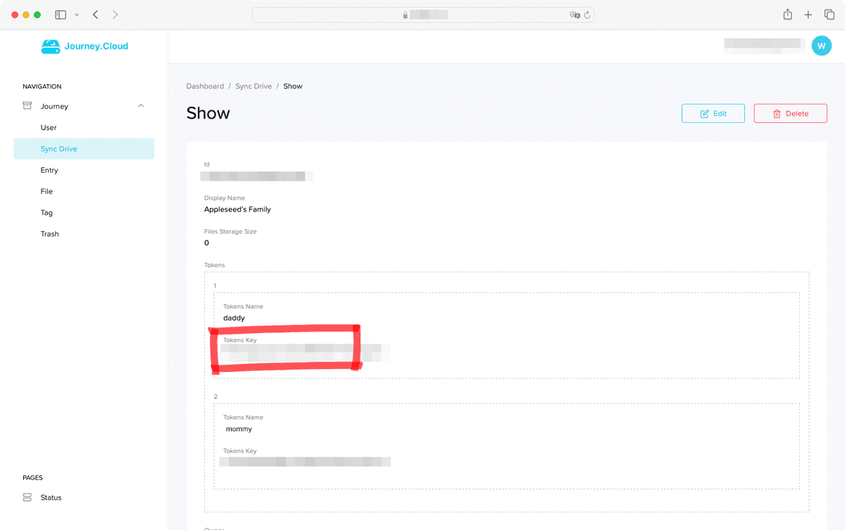 In this screenshot, there are 2 tokens generated for "daddy" and "mommy". Daddy" and &"mommy" will use their tokens separately to link the sync drive to their respective Journey app.